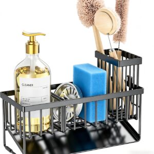 Sink Caddy Sponge Holder for Kitchen with Brush Holder and Stainless Steel Self Drain Tray
