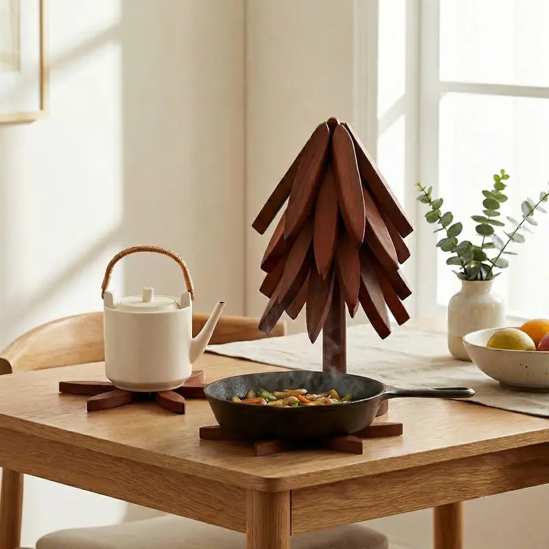 Natural Wooden Tree Trivet Set of 4, Foldable Heat Resistant Pot Holders for Hot Pots and Pans, Decorative Kitchen Table Protector, Eco Friendly Wood Trivets for Cooking and Dining - Image 2