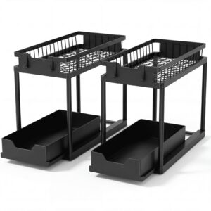2 Pack Under Sink Organizer – 2 Tier Sliding Cabinet Storage Rack, Bathroom & Kitchen Organizer Shelf, Space Saving Under Cabinet Storage with Hooks
